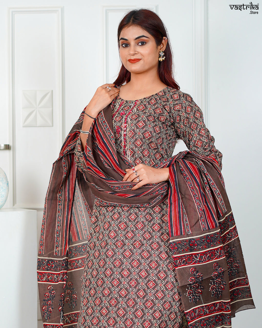 Brown Cotton Printed Kurti Set