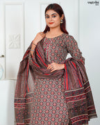 Brown Cotton Printed Kurti Set
