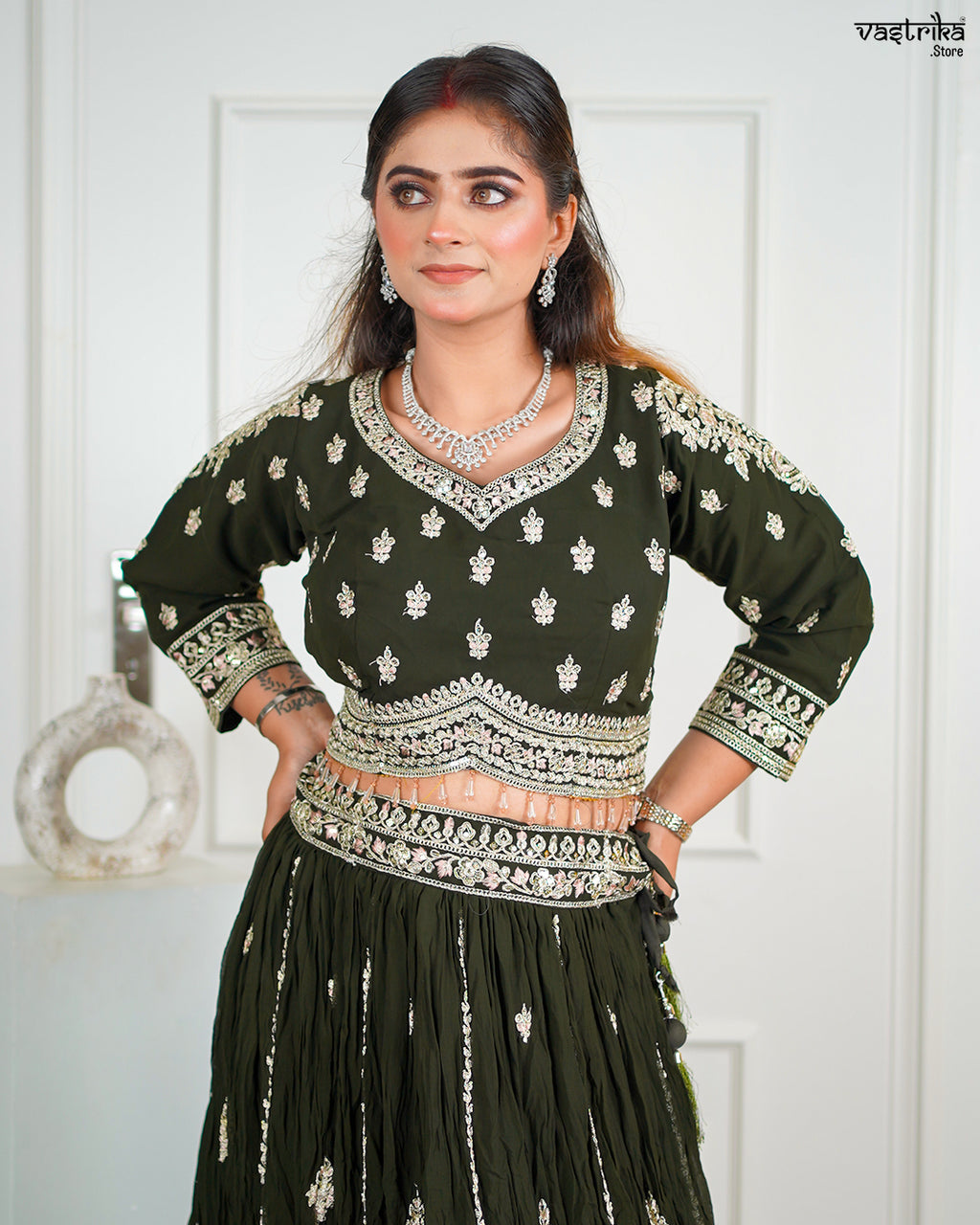 Mehndi Georgette Crop Top Set