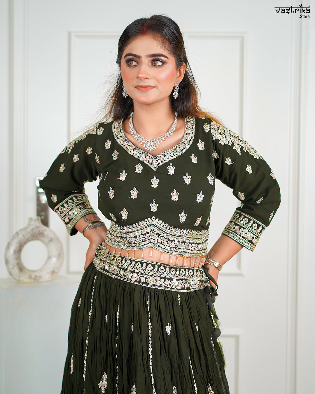 Mehndi Georgette Crop Top Set