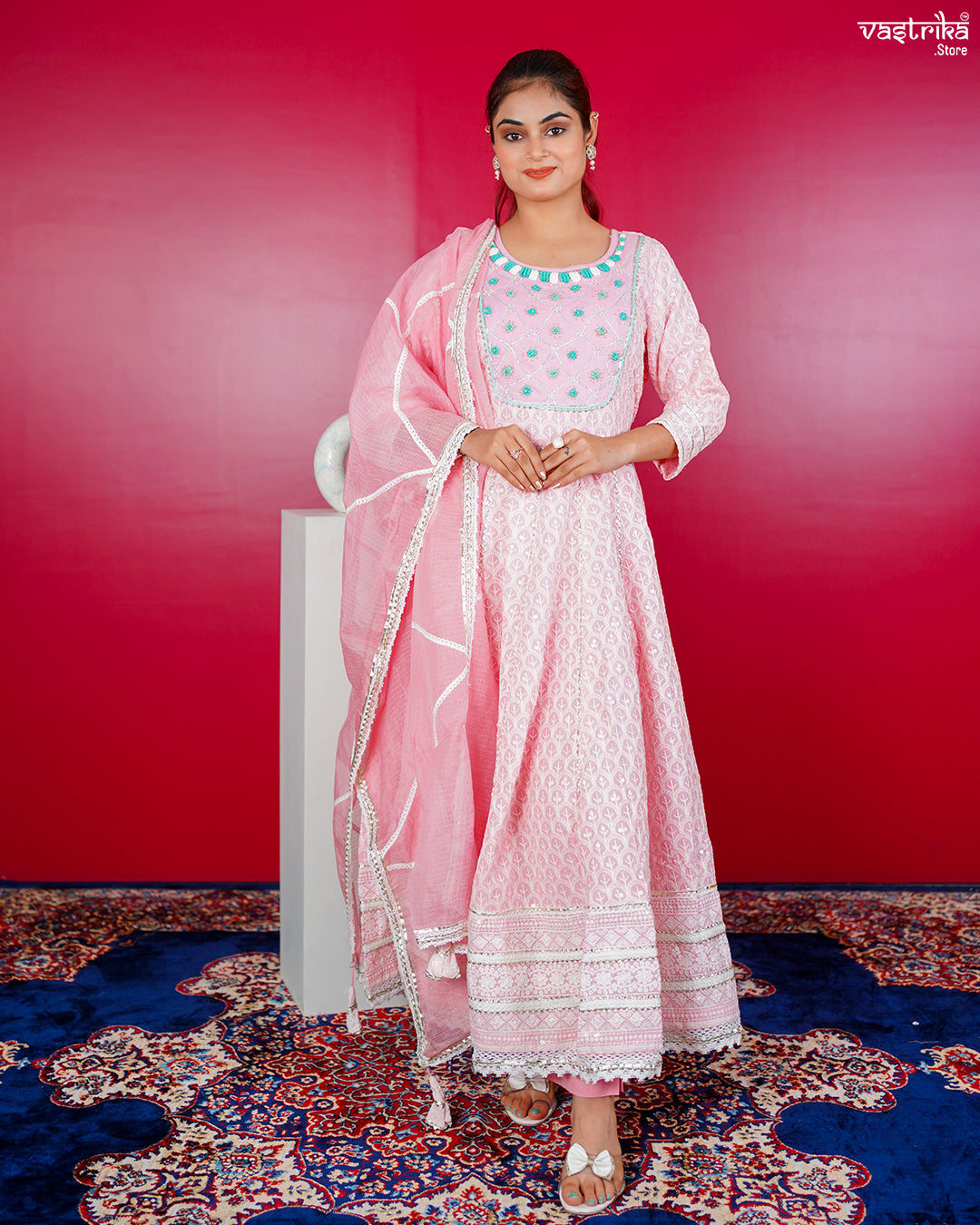 Pink Cotton Lace Frock Set