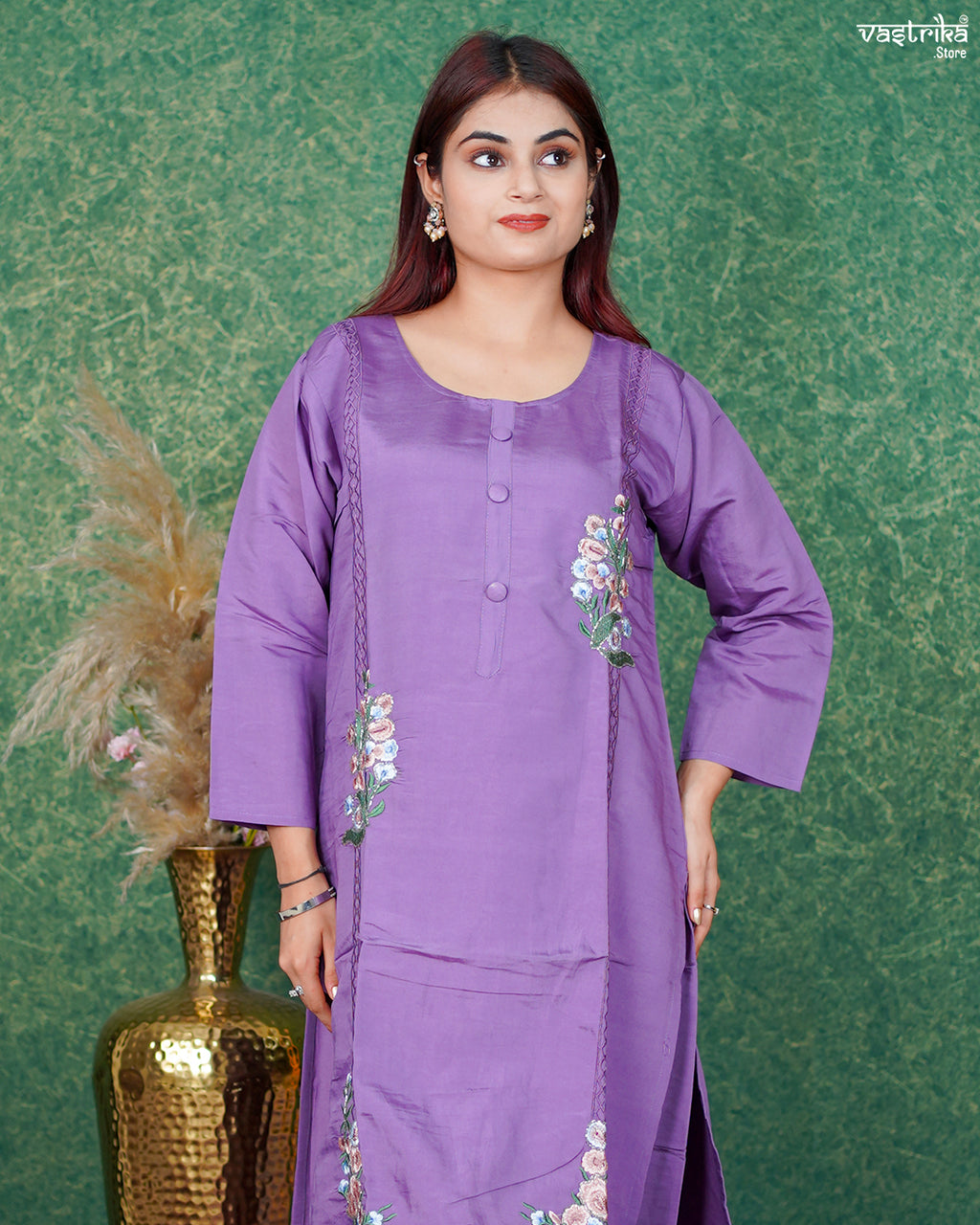 Purple Roman Silk Festive Kurti Set