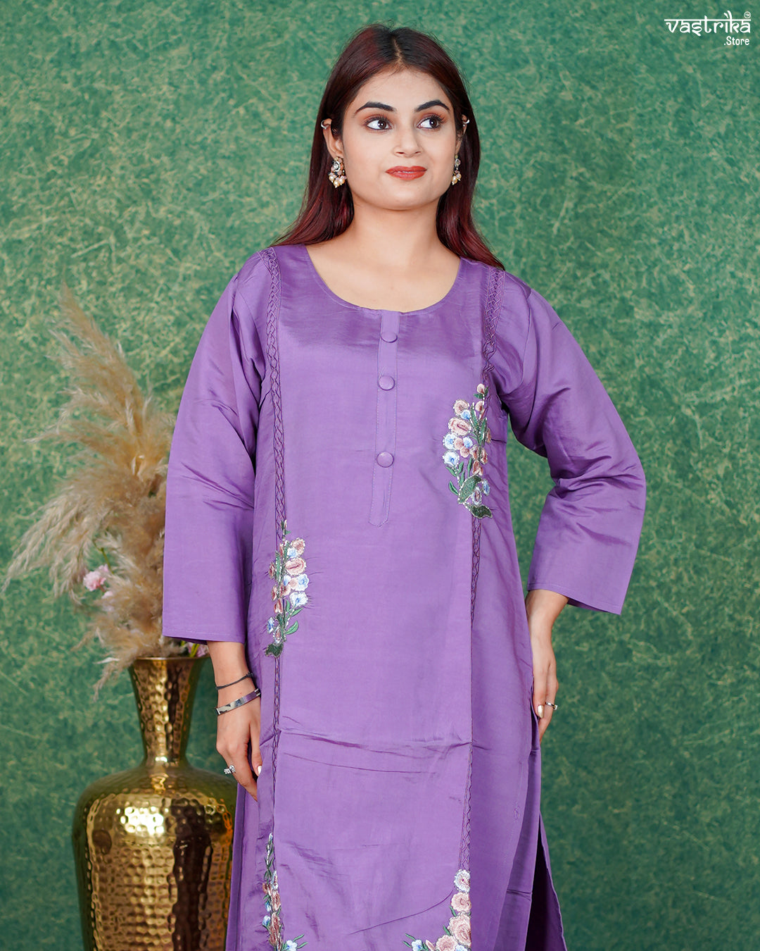 Purple Roman Silk Festive Kurti Set