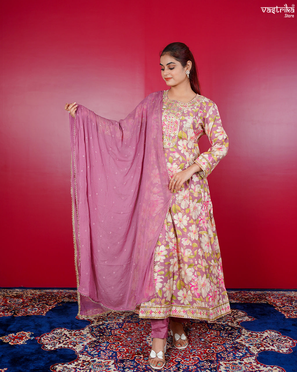 Purple Maslin Zari Frock Set