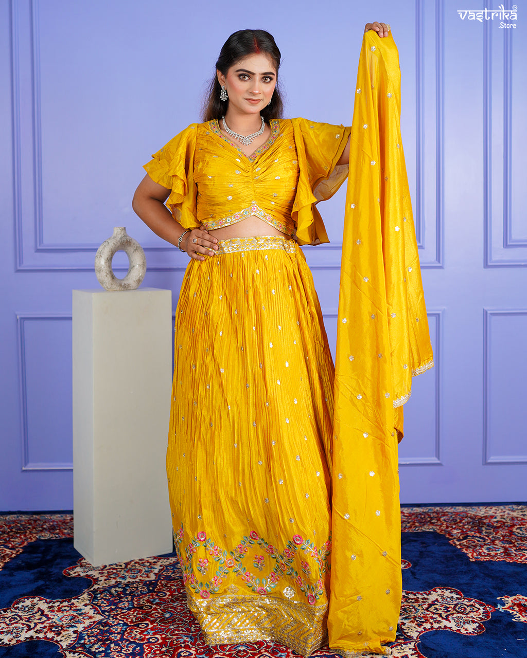 Mustard Chinon Crop Top Set