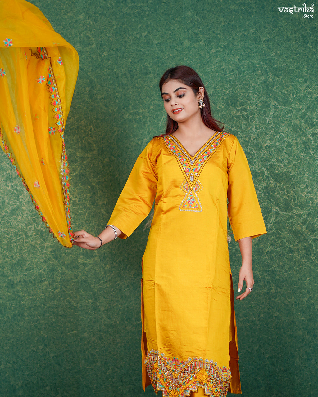 Mustard Roman Silk Kurti Set