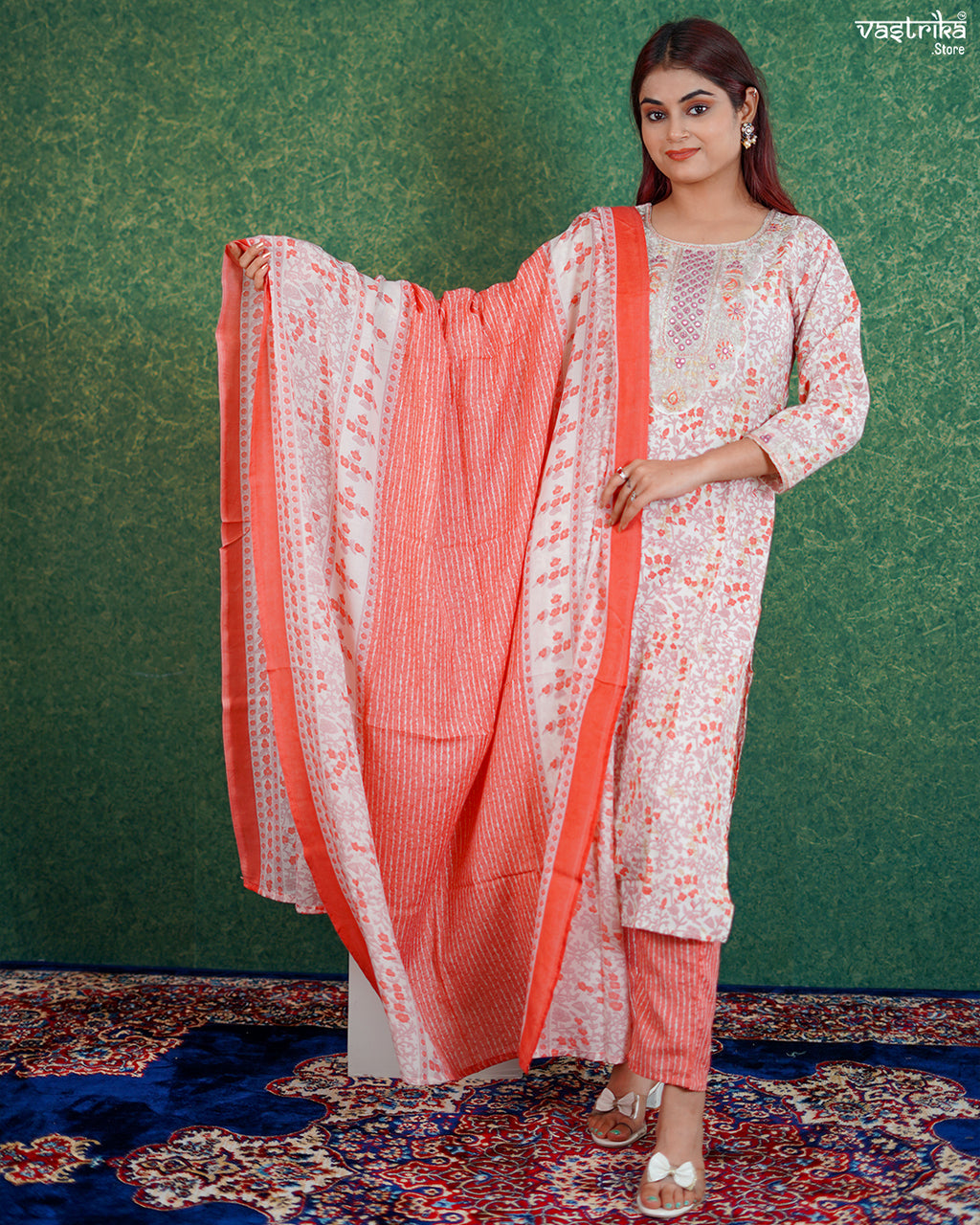 Orange Cotton Printed Kurti Set