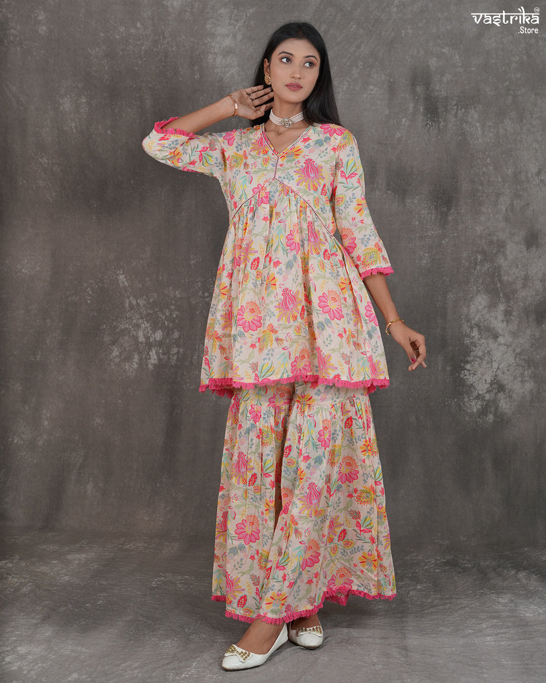 Printed V-Neck Kurti & Alia-Cut Sharara Set