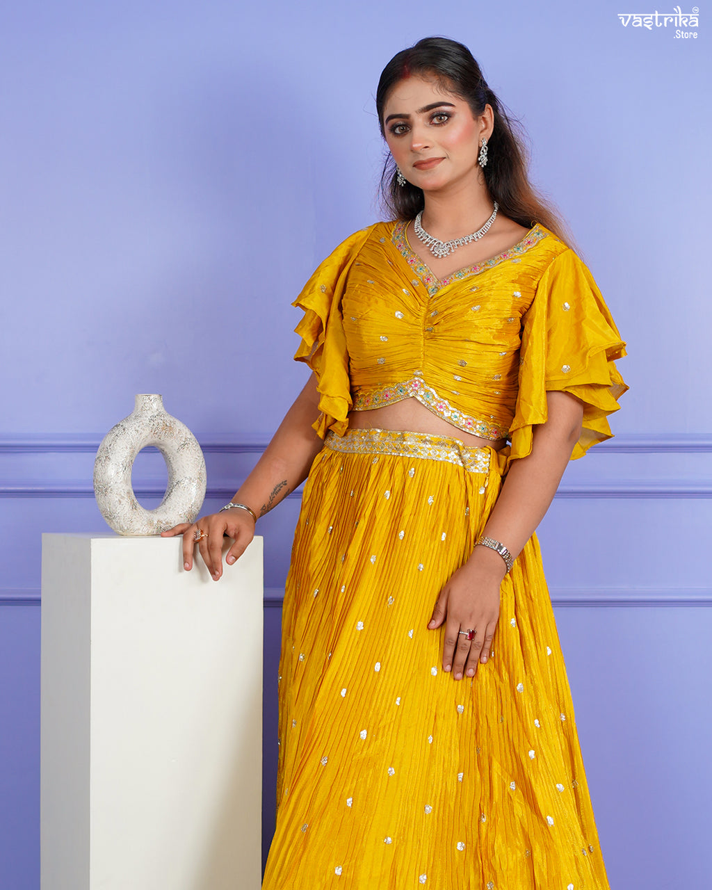 Mustard Chinon Crop Top Set