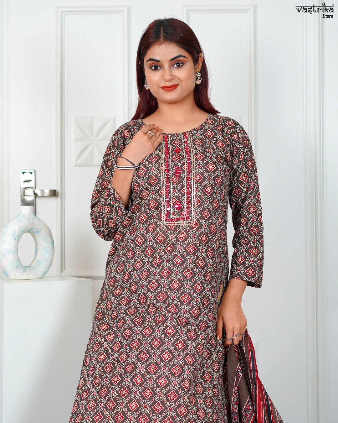 Brown Cotton Printed Kurti Set