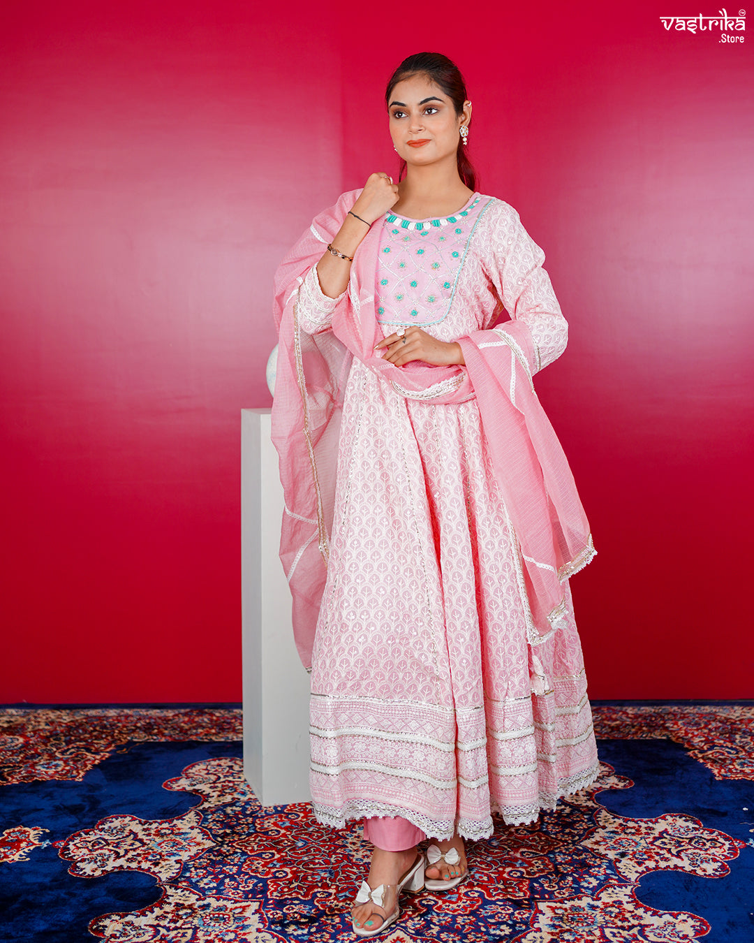 Pink Cotton Lace Frock Set