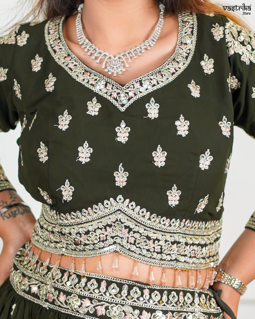Mehndi Georgette Crop Top Set