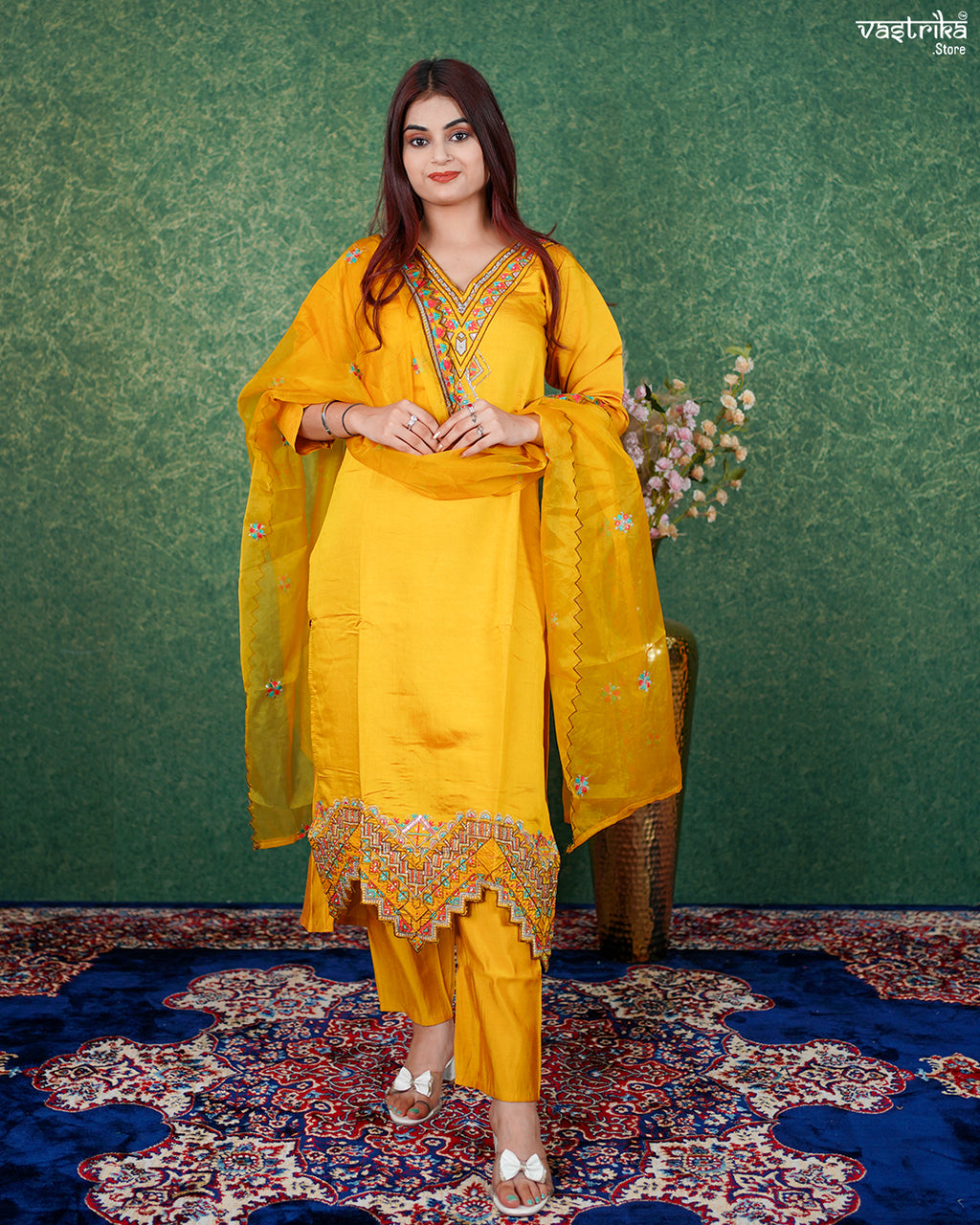 Mustard Roman Silk Kurti Set
