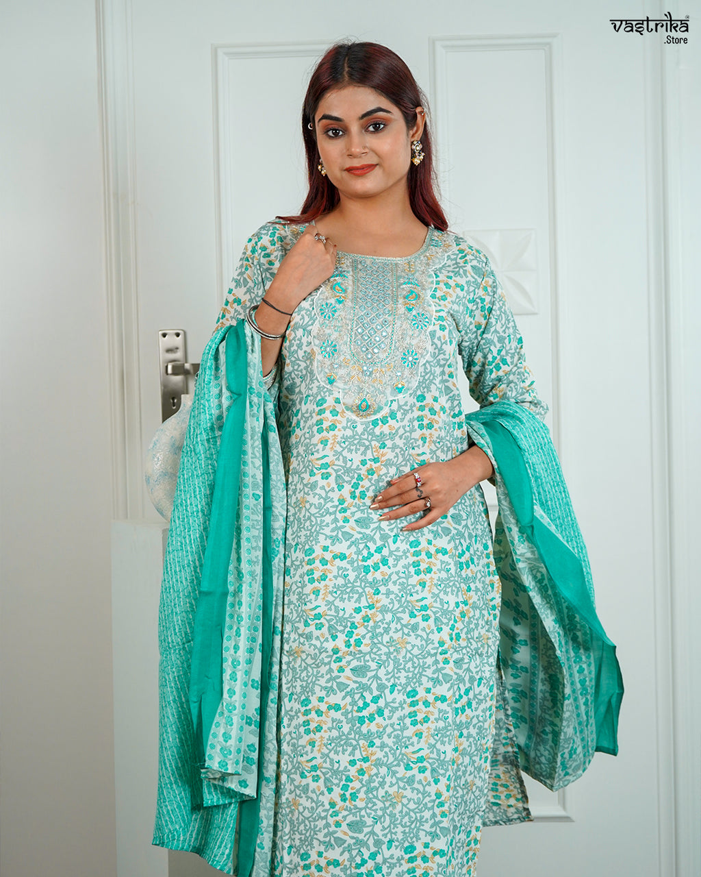 Sea Green Cotton Printed Kurti Set