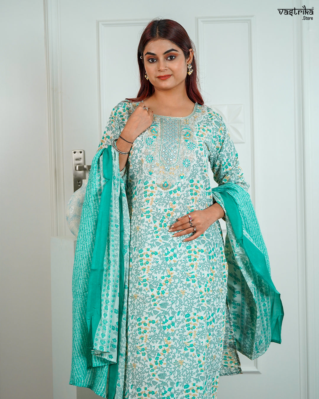 Sea Green Cotton Printed Kurti Set