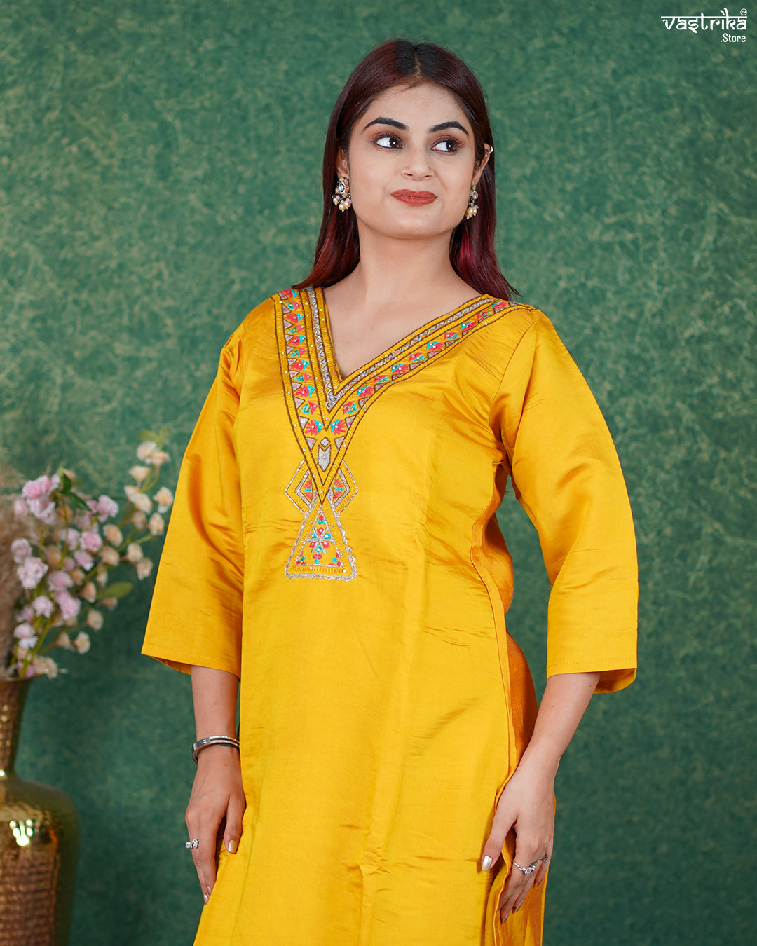 Mustard Roman Silk Kurti Set