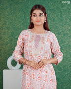 Orange Cotton Printed Kurti Set
