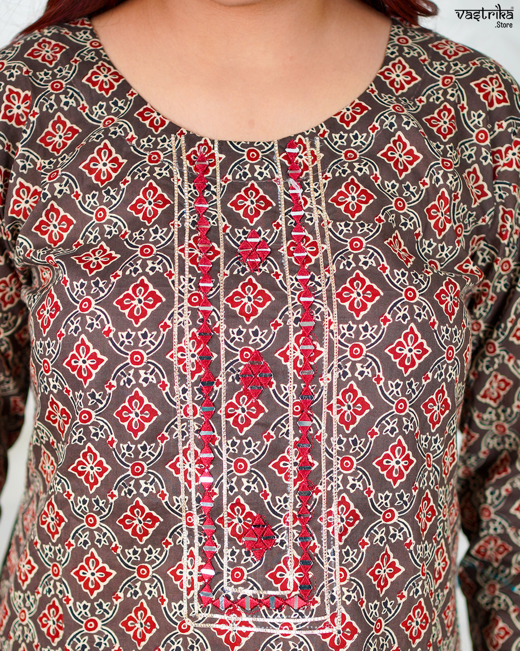 Brown Cotton Printed Kurti Set