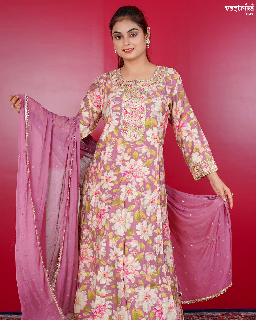 Purple Maslin Zari Frock Set