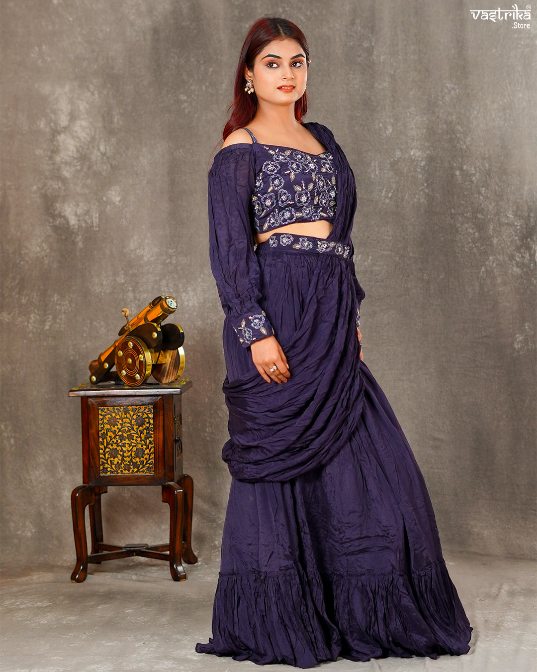 Dark Purple Chiffon Skirt Saree Set