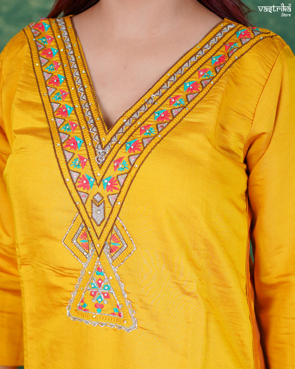 Mustard Roman Silk Kurti Set