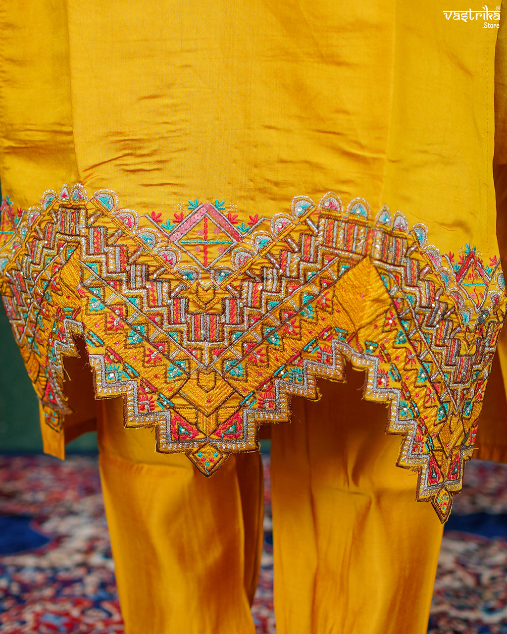 Mustard Roman Silk Kurti Set